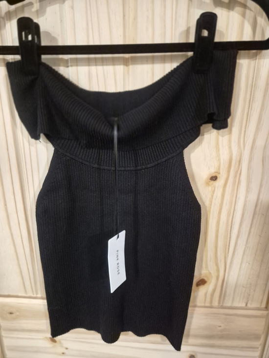 Pink Rose Tops - Black Ribbed Off-Shoulder Knit Top
